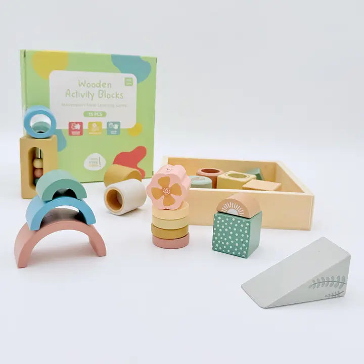 Wooden Activity Blocks 15pc-
Interactive Sensory Blocks Ages 12m+